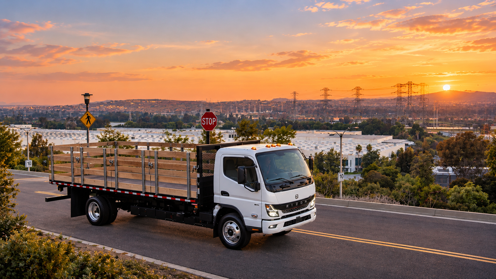 White RIZON electric stake bed truck on a road at sunset