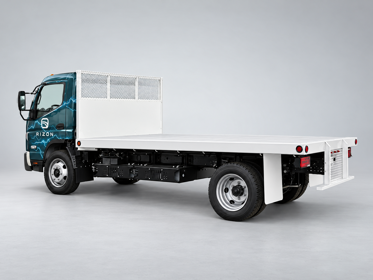 RIZON electric flatbed truck with a blue-green cab, white cargo platform and protective headboard.