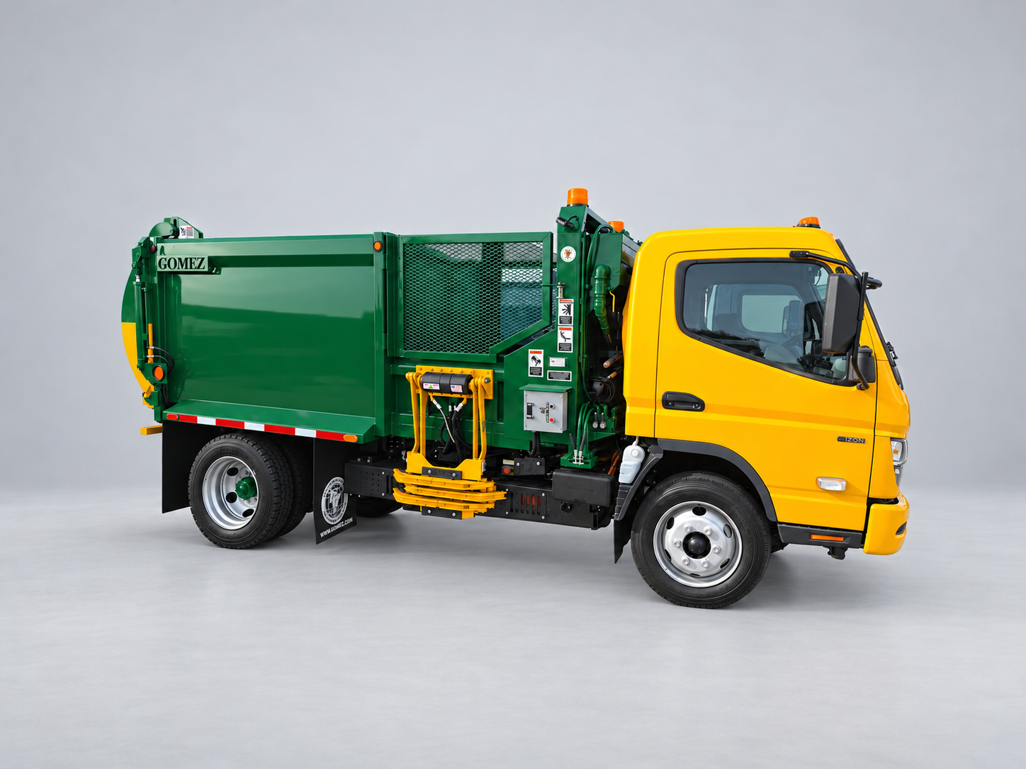 Yellow RIZON electric truck with green side loading refuse body