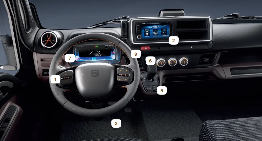 Rizon truck interior — digital cluster, multifunction display, ergonomic dash
