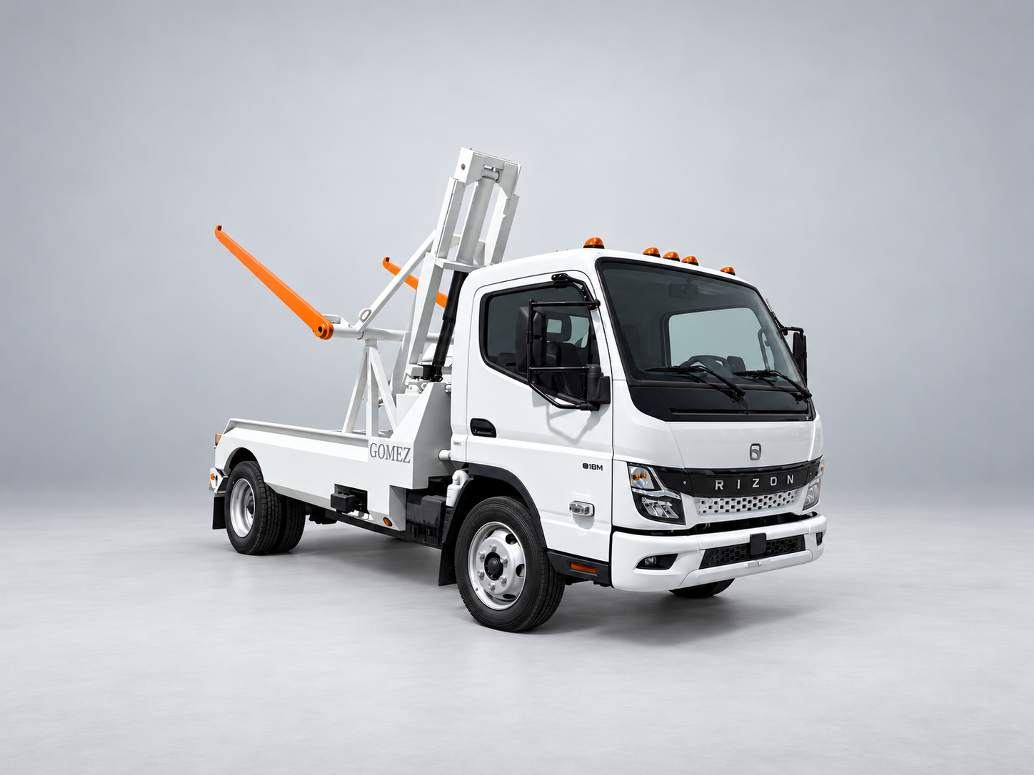 White RIZON truck with raised lifting equipment and orange lifting arms.