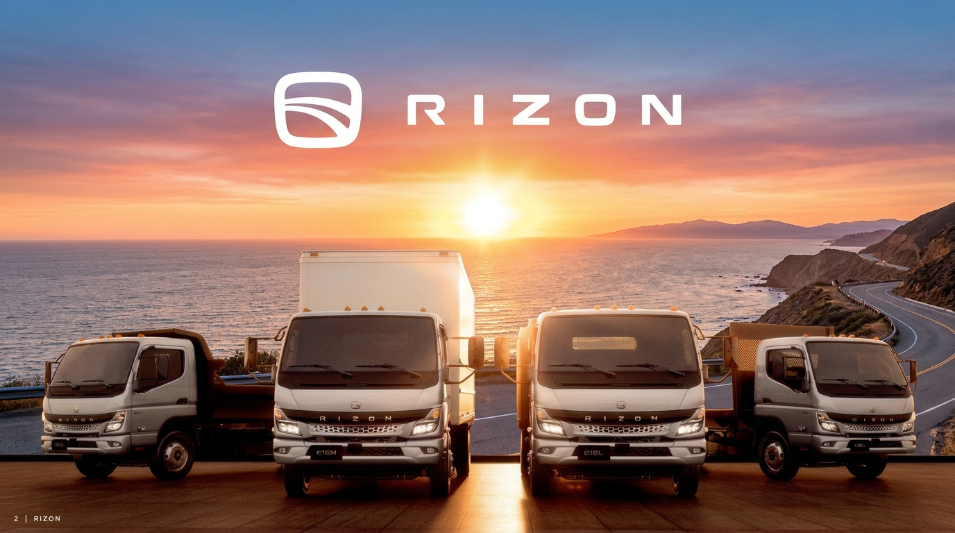 Rizon electric trucks driving along Southern California coast highway