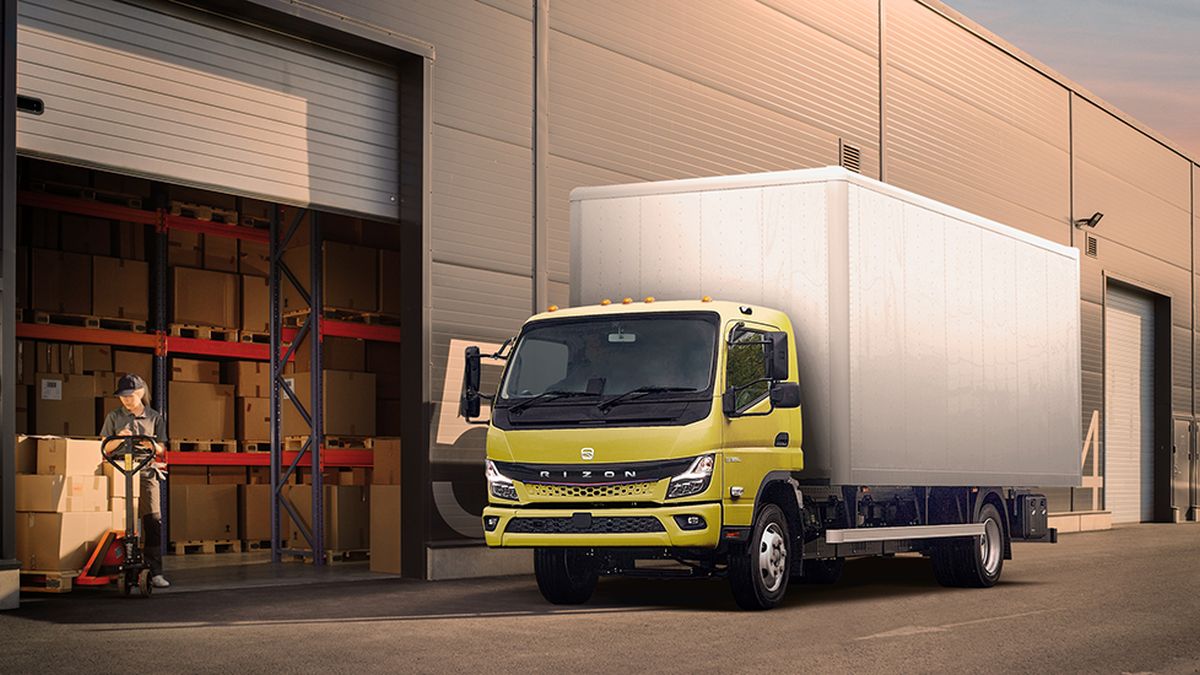 RIZON electric box truck parked at a warehouse loading area during the start of U.S. sales