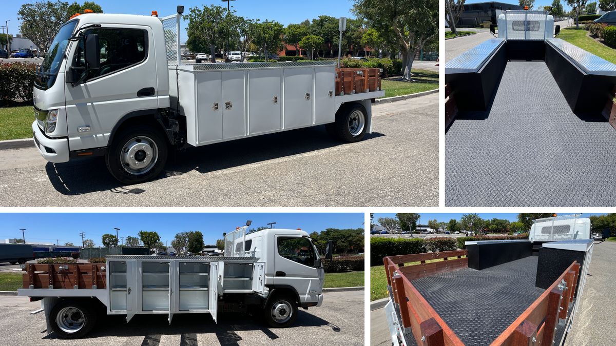 White RIZON electric truck fitted with a service combo body featuring lockable side tool compartments and an open cargo bed