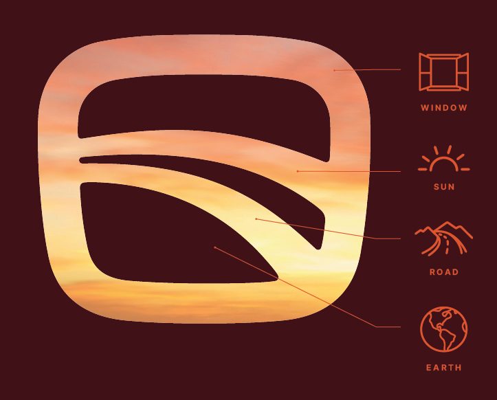 Diagram explaining the four elements of the RIZON logo: the window, the rising sun, the road and the earth